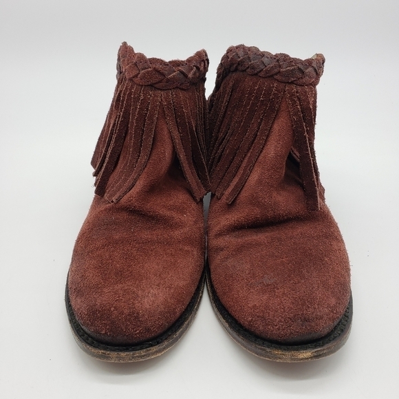 FREEBIRD women US 8 burgundy mules braid fringe suede stacked block heel leather - Picture 5 of 13